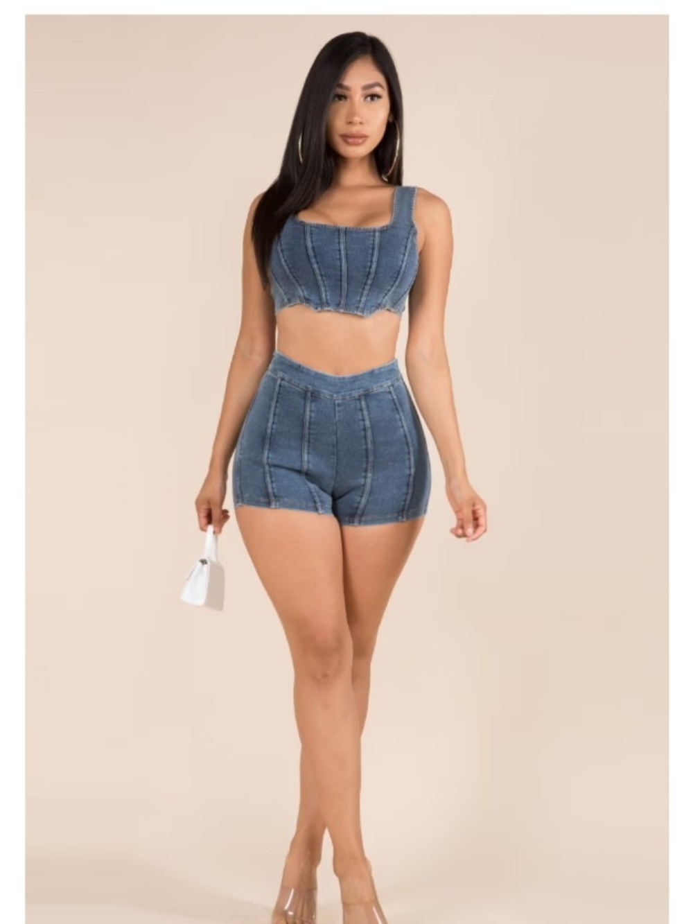 Wildcat Light Washed Denim Crop Top And Short Set Sz Medium